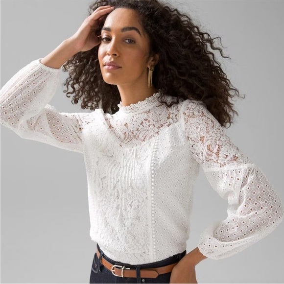WHITE HOUSE BLACK MARKET Mixed Lace Blouse - Picture 4 of 5